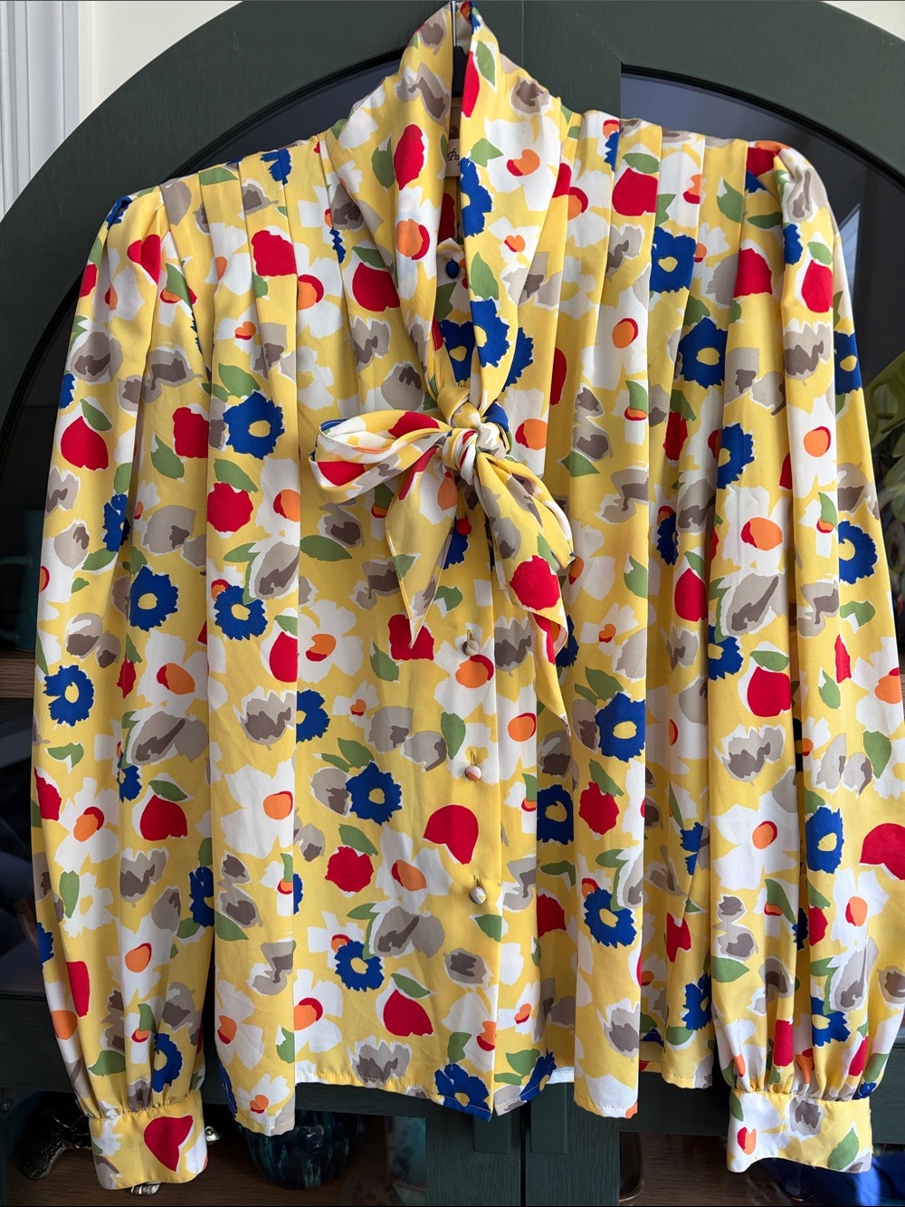 Vintage Adrianna Papell Yellow Floral Tie-Neck Blouse